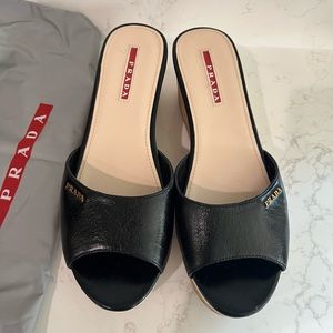 PRADA Black Leather & Cork Slides